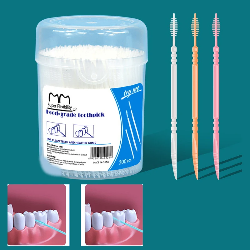 300Pcs Plastic Double-head Interdental Brush Dental Floss Stick Mouth Hygiene Plastic Toothpicks Toothbrush Teeth Cleaning Brus