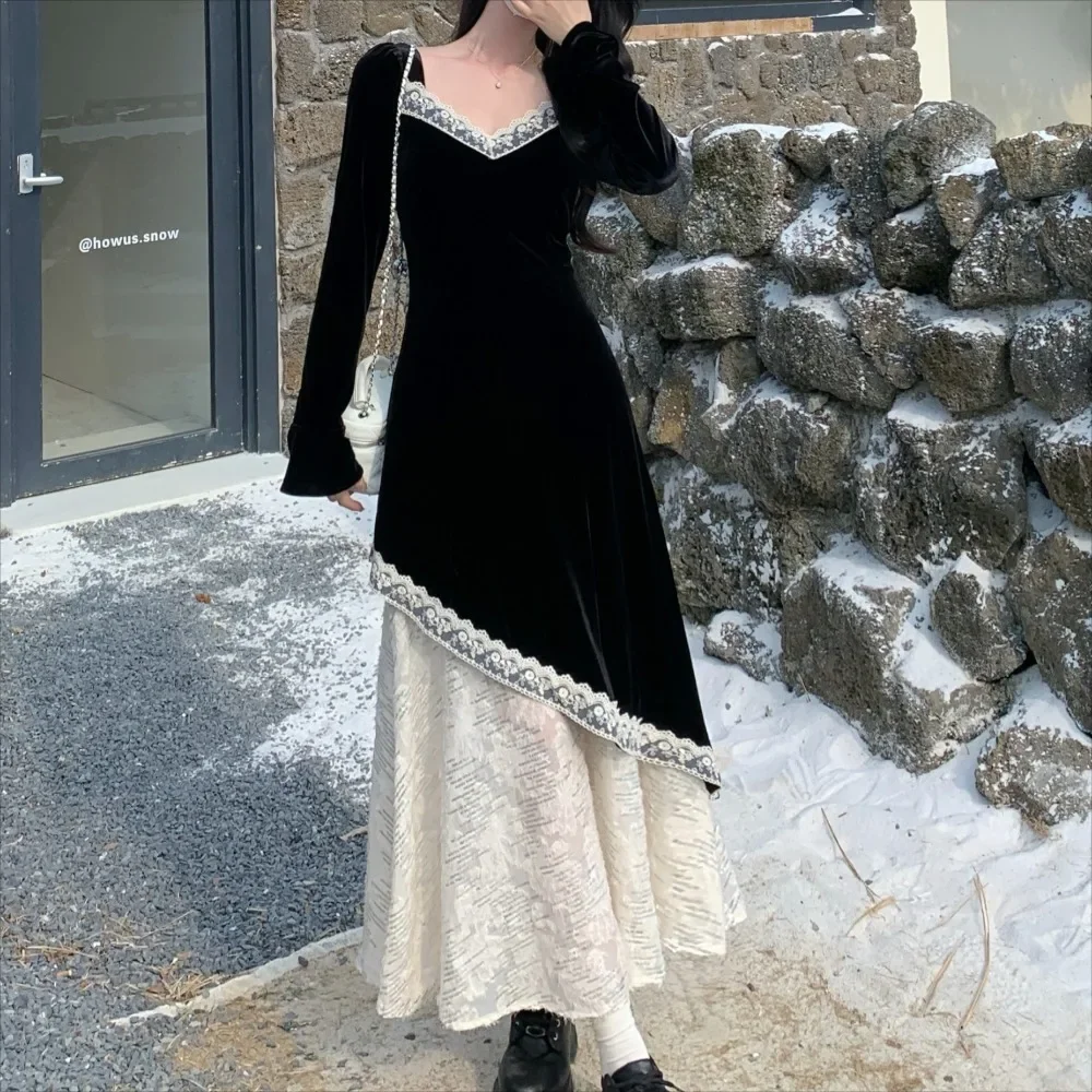 Robe Slim Vintage Élégante à Manches sulfet Col en V, en Velours Épissé et Dentelle à Paillettes, Vêtement de Grande Taille, Style Français High Street, Automne Hiver