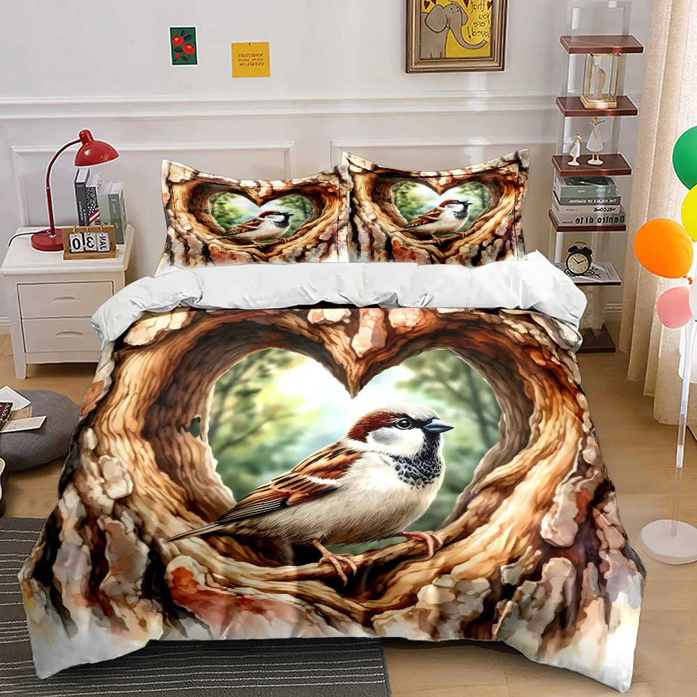 Sparrow in heart-shaped tree hole Print Soft Comfortable Duvet Cover Bedding Set Included 1*Duvet Cover  2*Pillowcases