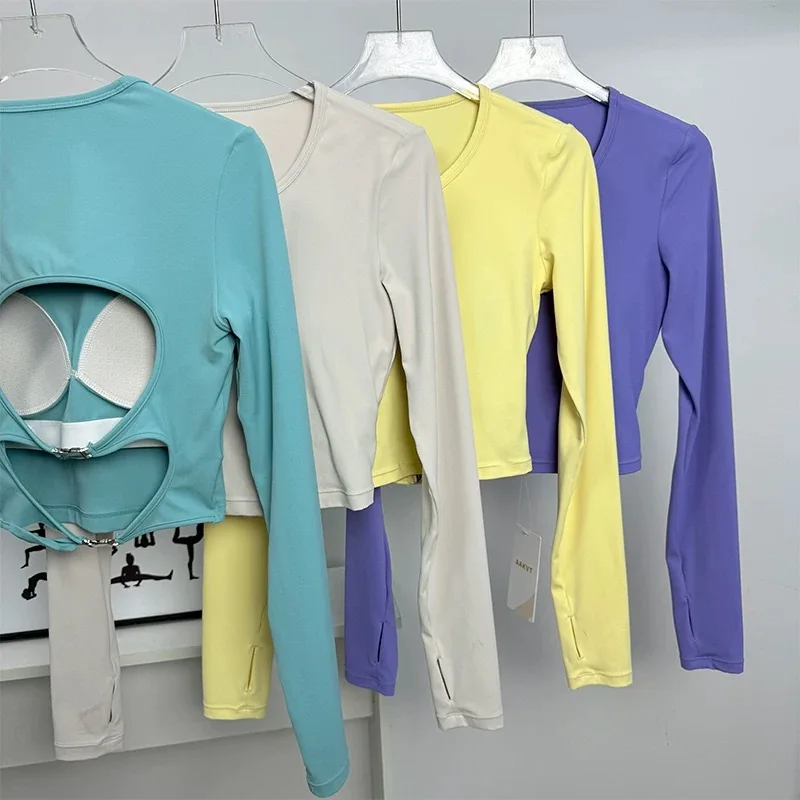 Rückenfreies, ausgeschnittenes, sexy Yoga-Sport-Langarmshirt mit Brustpolstern, Damen-Trainingsoberteil, schlankmachende Fitnesskleidung – Detail 6