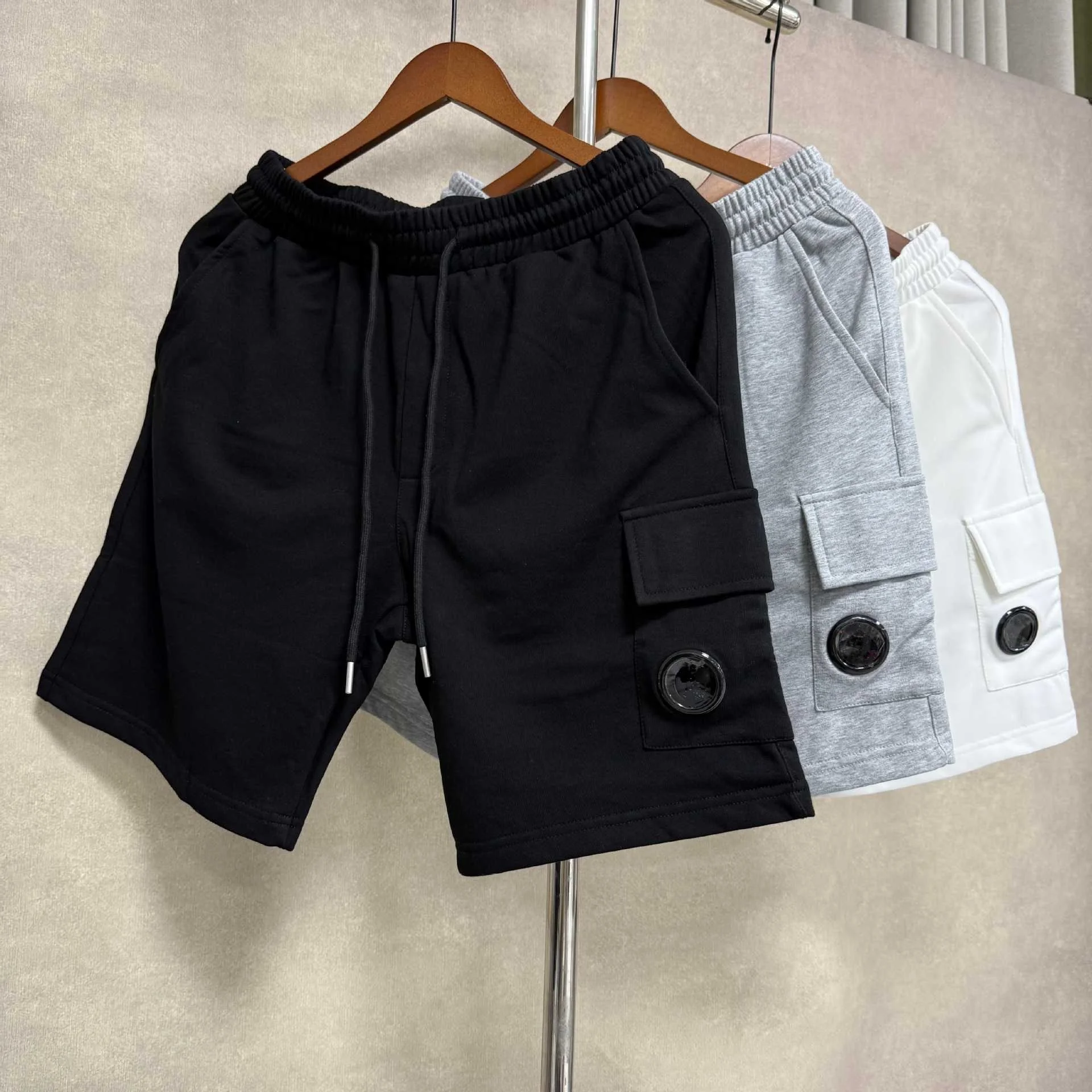 Summer Sport Shorts Men's Cotton Drawstring Patch Pocket Workwear Style round Lens Basic Drawstring Sporty Mid-Length Trousers