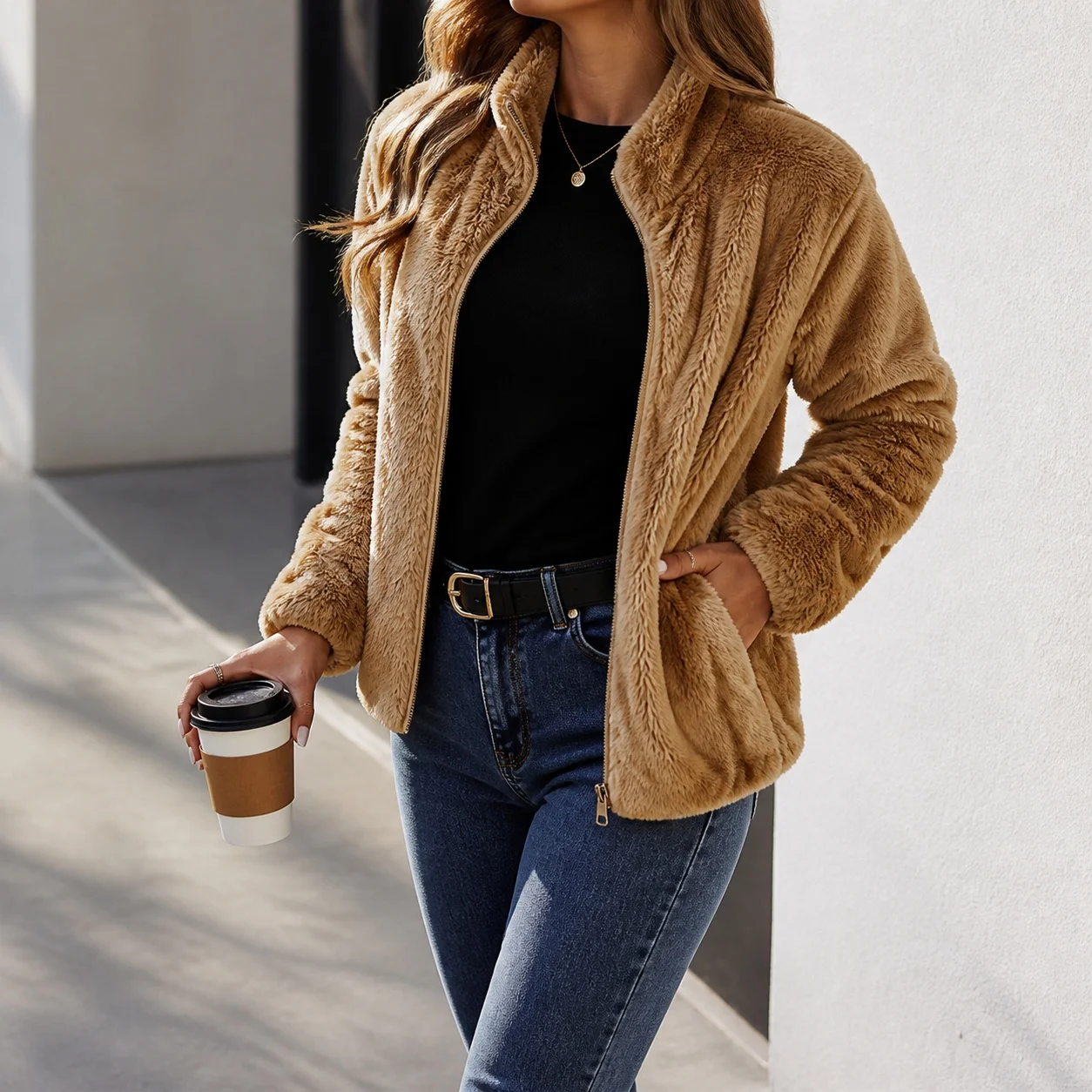 Loose Fit Zipper Closure Coat Commuter with Regular Length Zipper Cardigan Regular Sleeve Sweet and Fresh Women Winter Jacket