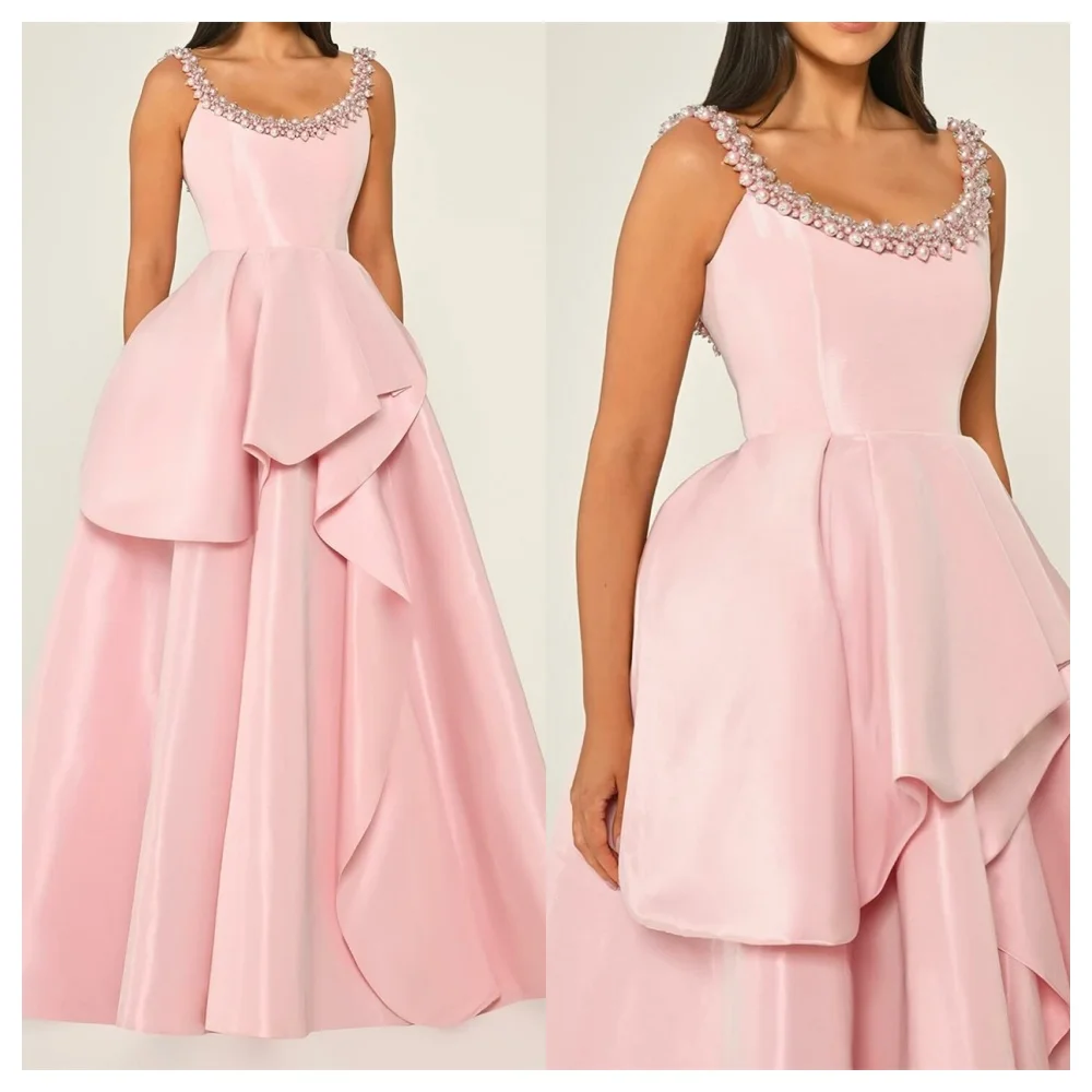 

Customized Elegant Pink Jersey Party Dress Exquisite Square Collar Spaghetti Straps Sleeveless Party Dress Soft Cele
