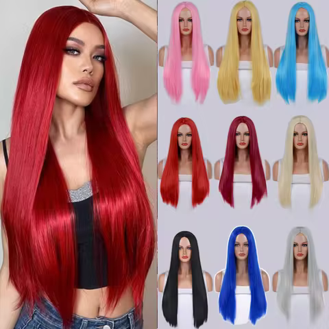 Long Straight Cosplay Wig with Middle Part Woman Anime Ombre Hallowmas Lolita Synthetic Wig Pink Red Heat Resistant Hair