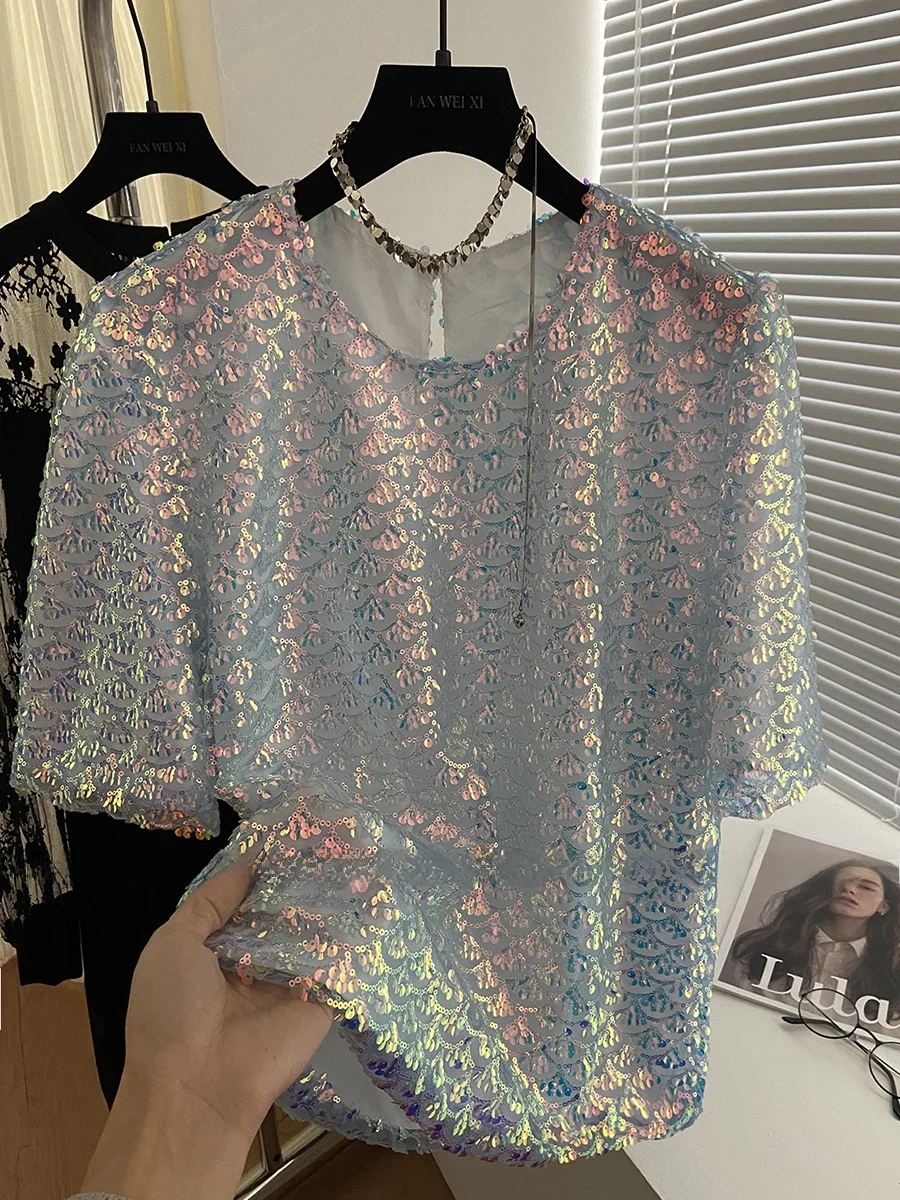 

iny Sequin ort Sve Women's T-irt Spring Summer Loose Fit round Ne Heavy Embellied Slimming Versatile Trendy Top