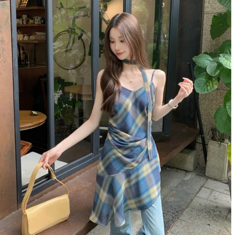 

Korean Chic Vintage Plaid Midi Top V-Neck Sleeveless Asymmetrical Strapless Vest Loose Fit Summer Women's Fashion