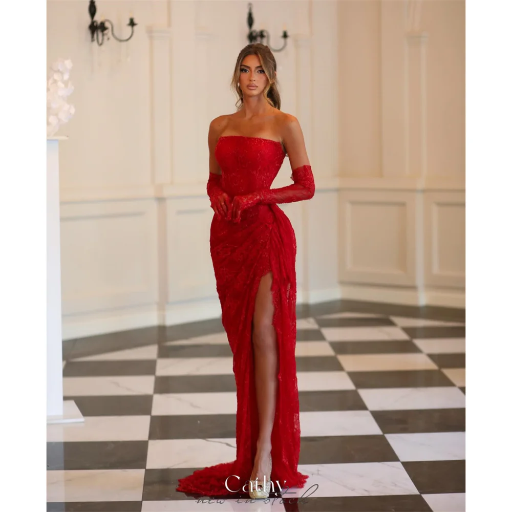 

Cathy Customized Red Strapless Sheath Lace Prom Dresses Ruffled High Split vestidos de noiva Detachable Sleeves Formal Evening