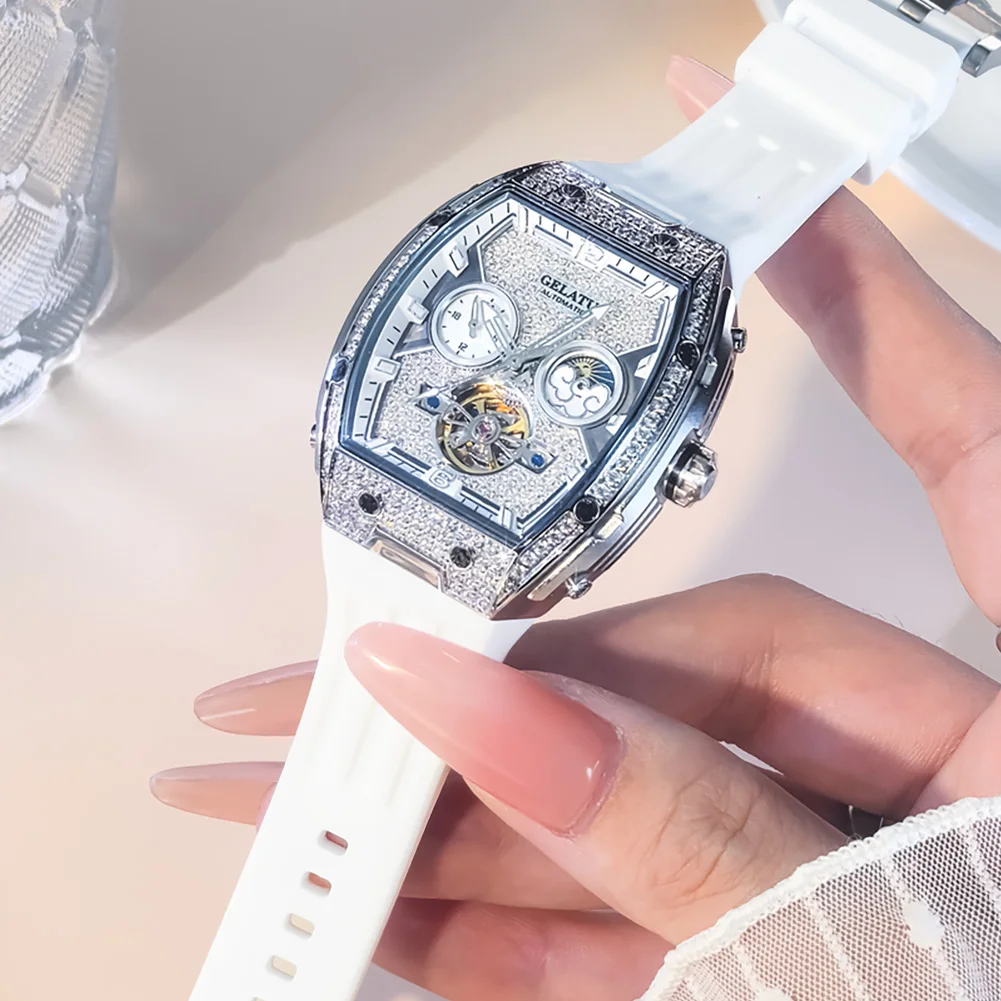 GELATU Women's Watches Luxury Elegant White Silicone Strap All Diamond Tonneau Dial Original Automatic Mechanical Wristwatch New