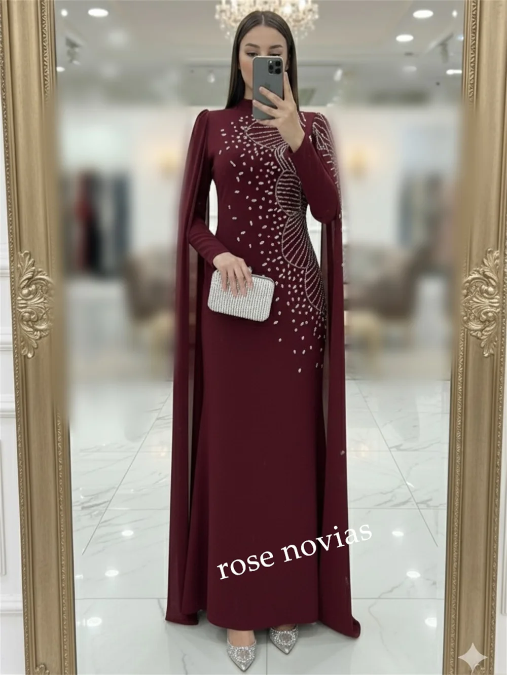 فستان سهرة نسائي كلاسيكي مخصص بنمط لامع وياقة عالية مستقيمة فساتين طويلة مناسبة مخصصة للحفلات الأنيقة #2