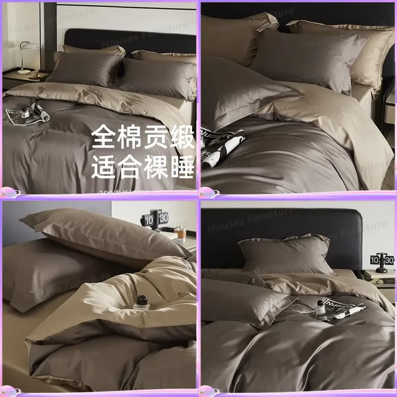 Light luxury 100 pure cotton long-staple cotton four-piece set double-spell 100% cotton satin bed sheet four-piece set solid