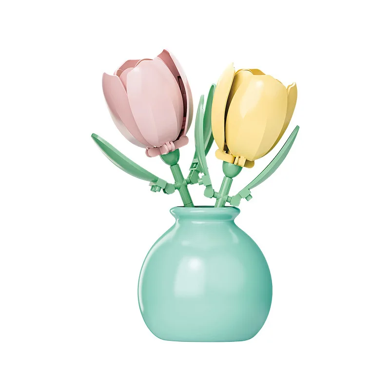 OUZEY Blumenarrangement-Bausteine mit Vase, über 14 DIY-Blumenmodellbausätze, kreatives Desktop-Dekor, Geschenk für Mädchen und Jugendliche