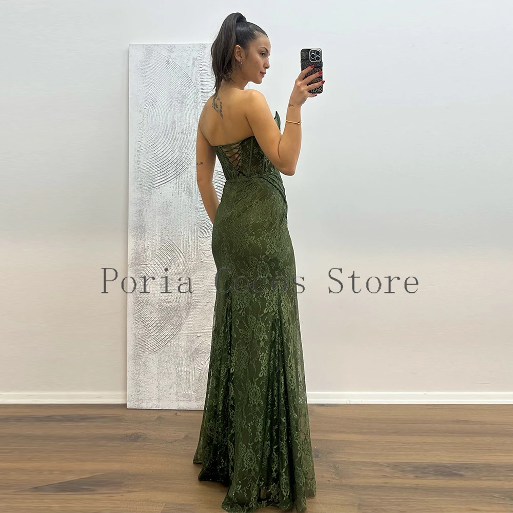 Modern Customized Saudi Dress Trumpet Strapless Floor Length Evening Dresses Sleeveless Lace Formal Wedding Party Dress