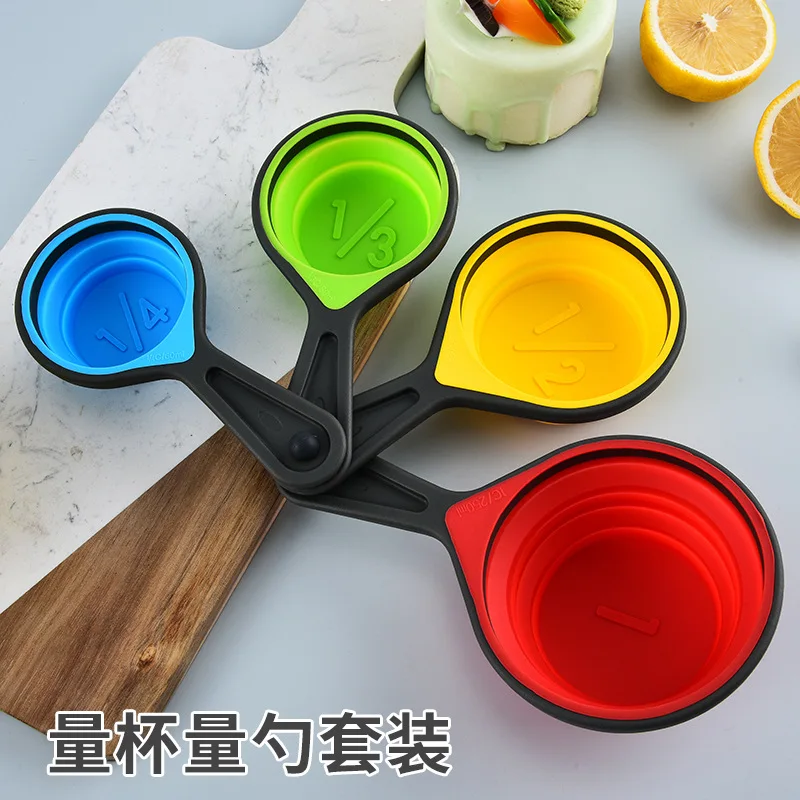 4PCS Silicone Collapsible Measuring Cups, Foldable Nesting Cups with Spoons for Coffee & Baking