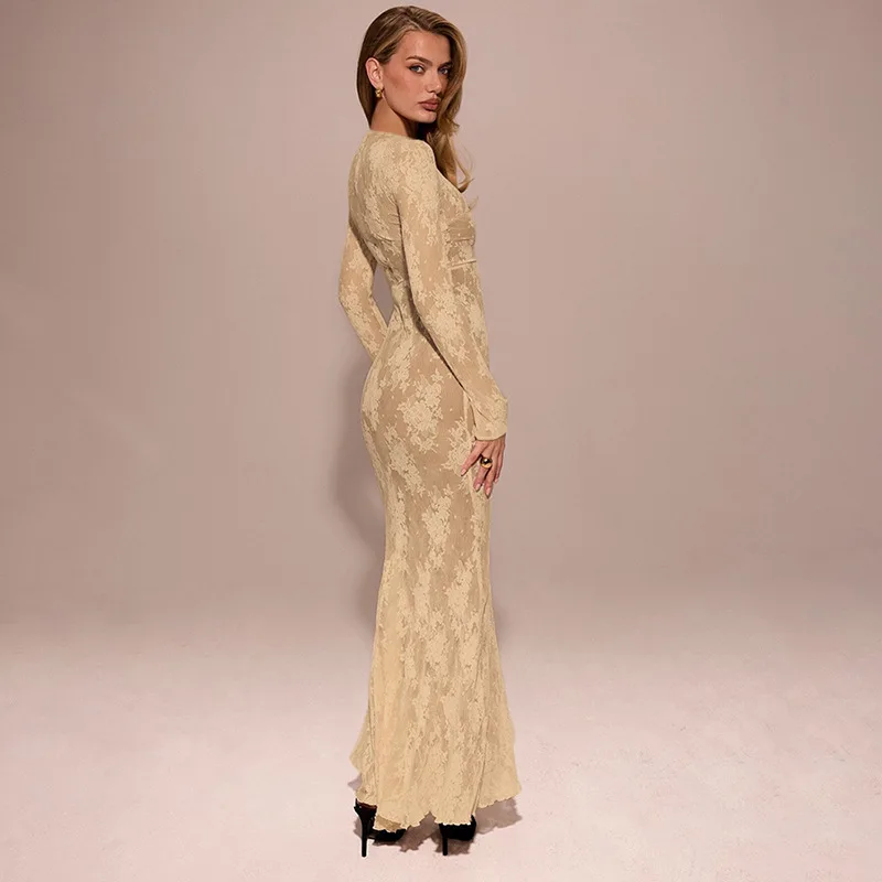 Beige Lace Women's Prom Dress Full Sleeves Long Skirt Formal Casual Daily Slim Sheath Mermaid Sheer Spring Robe Party Gown