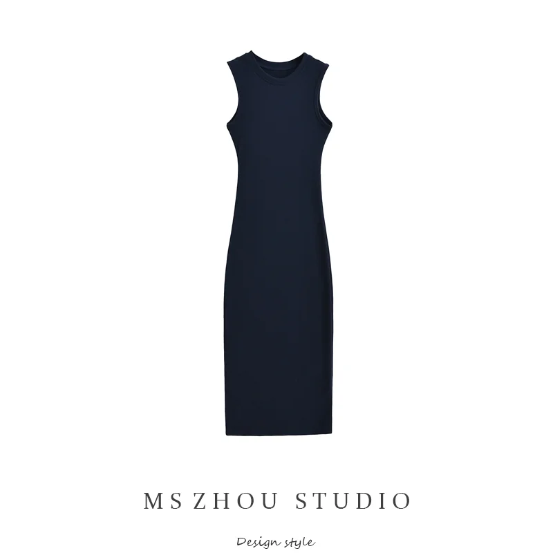 

American Sle Spicy Girl Elastic Slimming Mid-Length Knitted Dr Summer round Ne Svel Vest Skirt Bodycon Dr