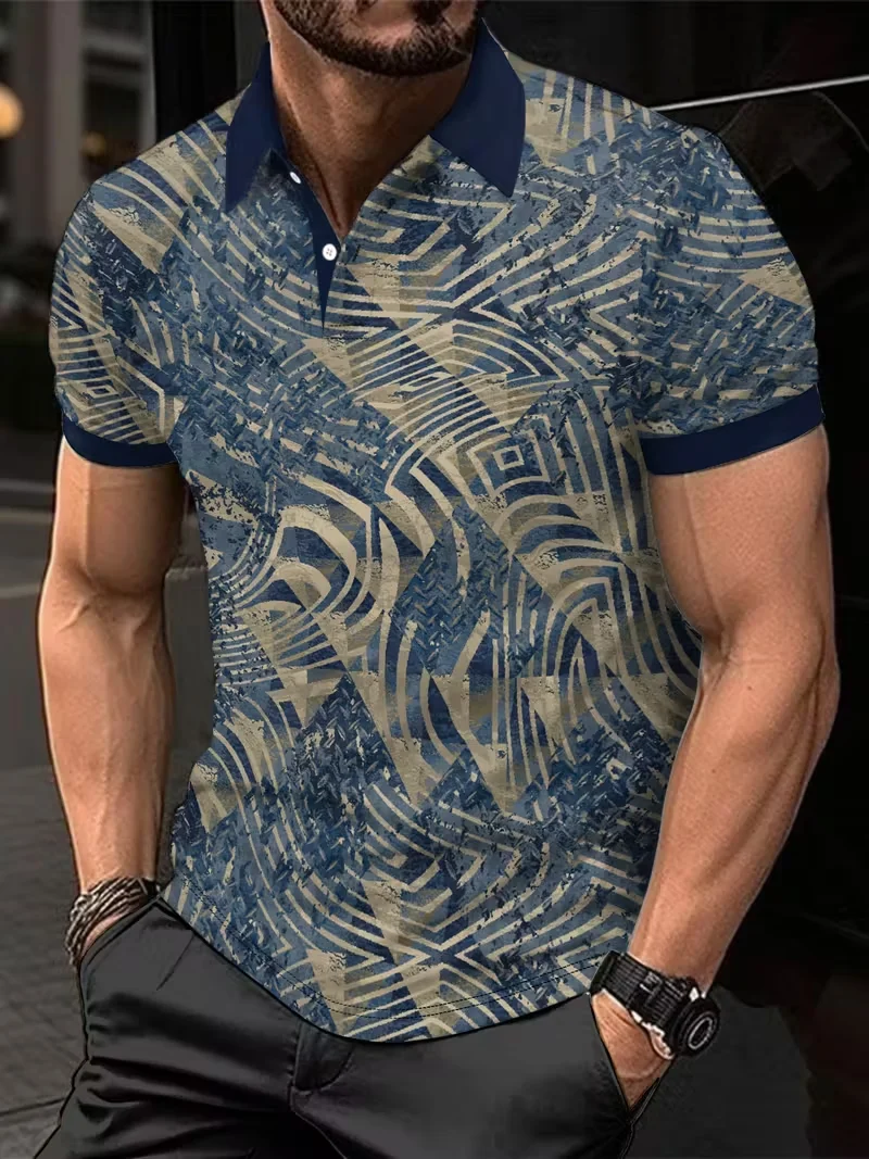 3D reindeer pattern printed short sleeved fashionable polo shirt loose men's top casual retro men's 3D printed top