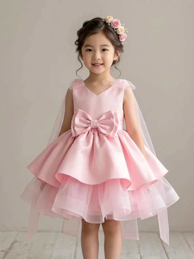 Custom Flower Girl Dress Sleeveless V Neck Large Front Bow Layered Tulle Skirt Sheer Mesh Back Wings Birthday Wedding Shooting
