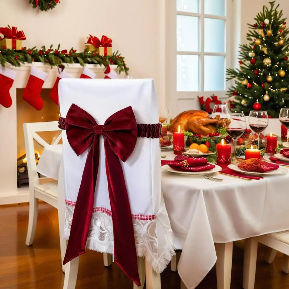 Machine Washable Chair Covers Reusable Chair Ties Christmas Velvet Chair Sashes Burgundy Bows Tie Back Holiday Banquet Wedding