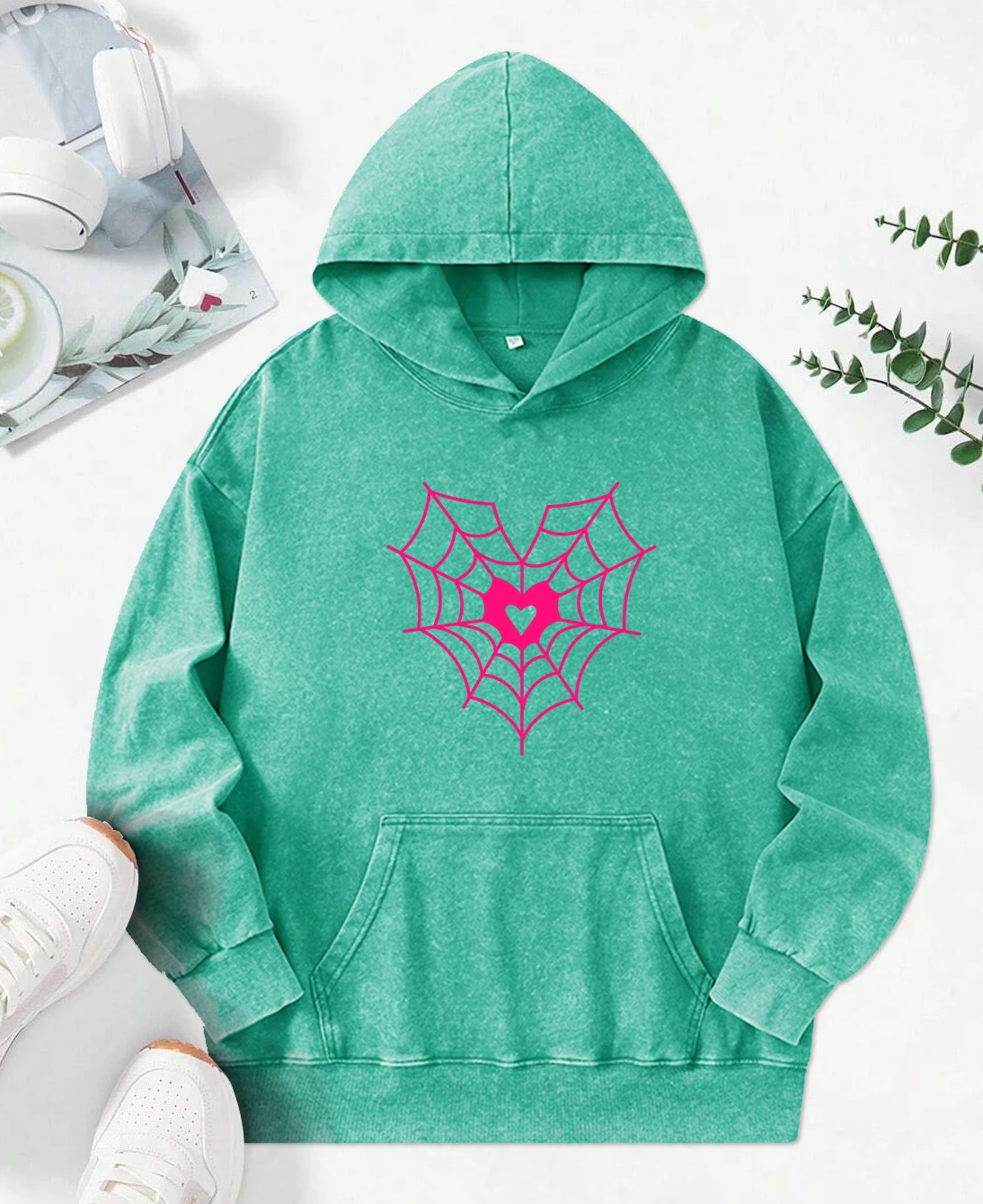 Pink Spider Web Love Prints Women Washed Hoodie All-Match Cotton Streetwear Multicolor Casual Pullovers Autumn Soft Clothes