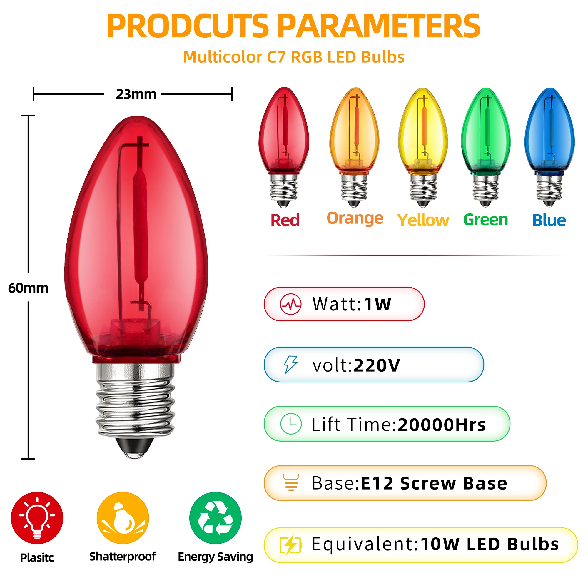 5PCS/10PCS/25PCS Party Decor Colored Plastic LED Bulbs C7 E12 1W Shatterproof Multicolor Candle Mini Light Bulb  Roofline Garden