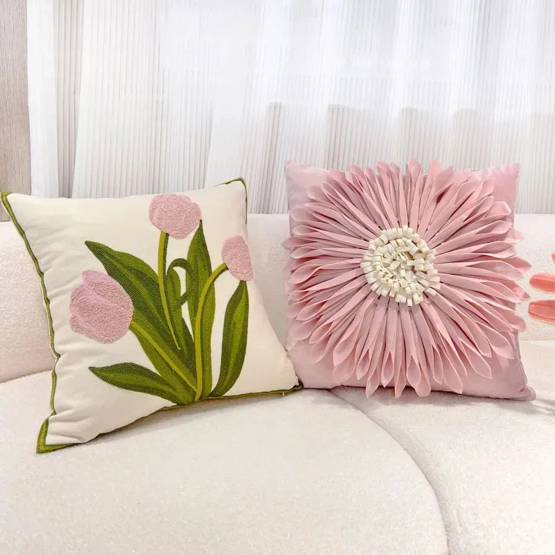 Embroidered Floral Cushion Cover 3D flower Pillow Tulip ins Lovely Cushion For Living Room Bedroom Sofa Home Decor Knit Pillows