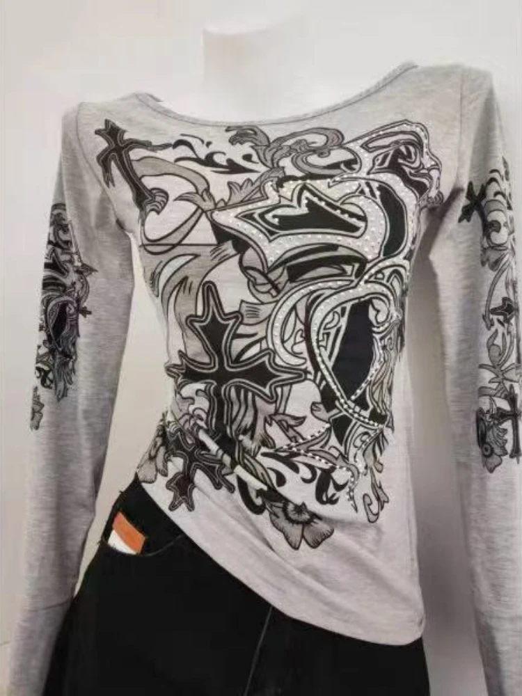 90년대 미국 빈티지 크로스 프린트 티셔츠 여성용 원 숄더 섹시 긴팔 슬림 티셔츠 가을 Y2K 디자인 감각 얇은 다이아몬드 탑