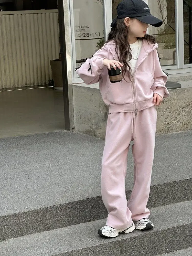 Mädchen-Trainingsanzug mit Kapuze und Schleifendetail – zweiteiliges Outfit im koreanischen Stil mit langärmeliger Jacke und Hose für größere Kinder. – Detail 7