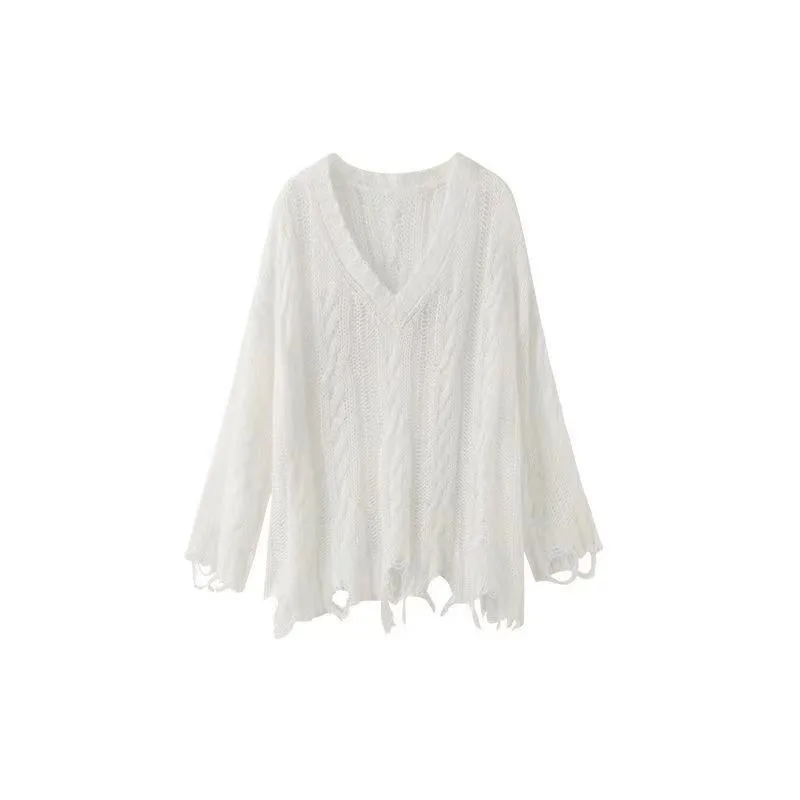 Hollow-out Knit Sweater Ripped Long Sleeve Smock Sun Protection Top To Wear