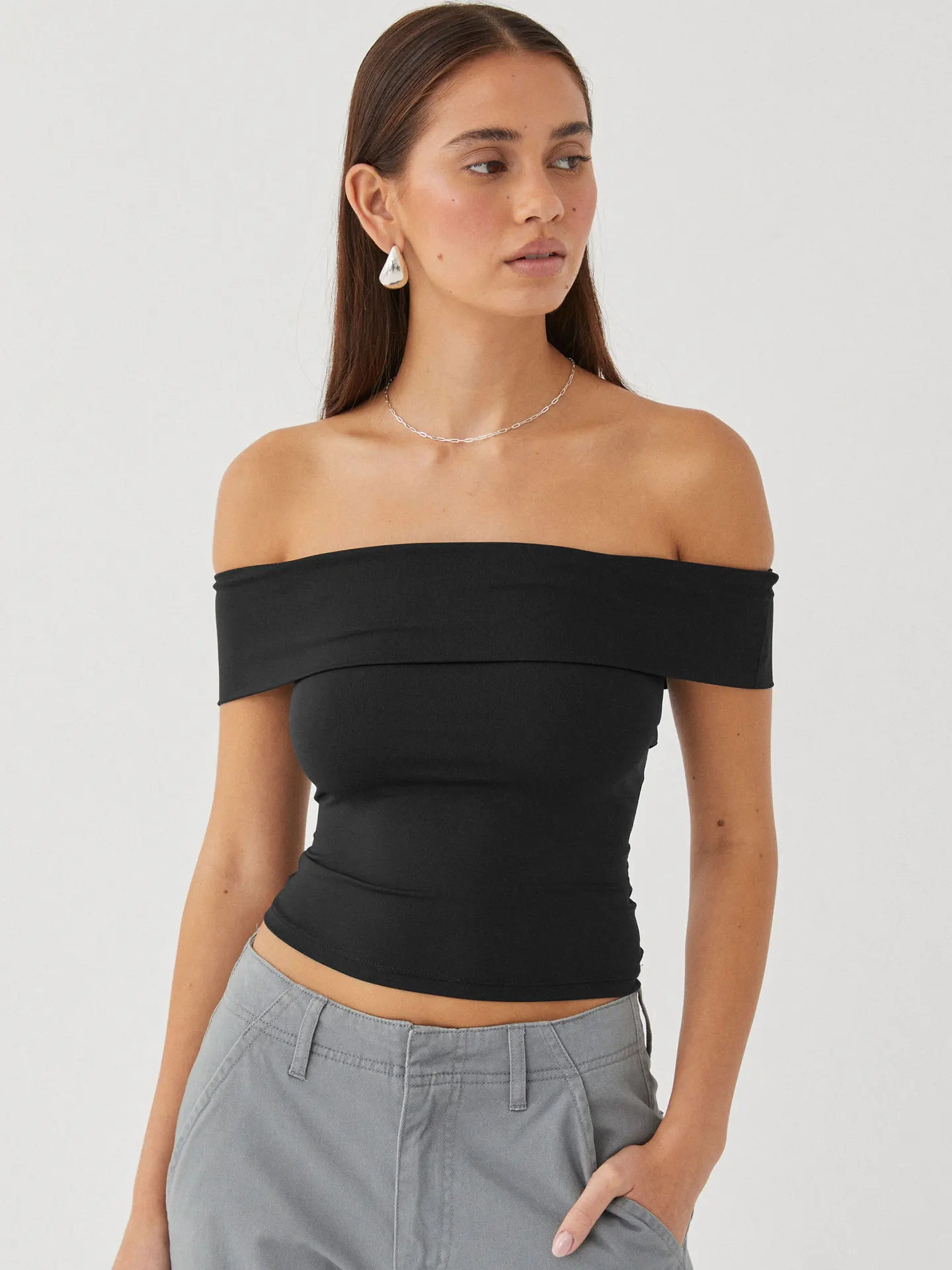 InstaLike-Solid Slash Neck Tee, Folds Short Sleeve Shirts,Crop Top, Black Slim Streetwear, Folds Slim Tee, Sexy Elegant,Summer