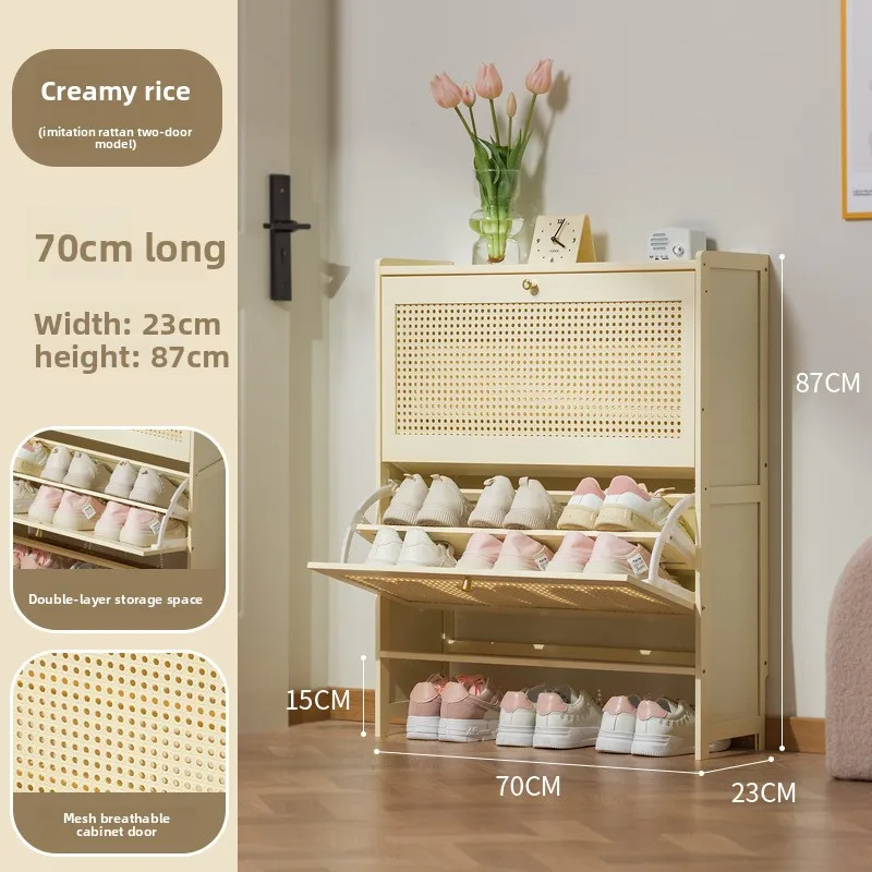 

Entrance Furniture, All-board Shoe Rack, Double-layer Flip-top Storage, Rattan Drawer Doors, Can Hold 15 Pairs of Shoes