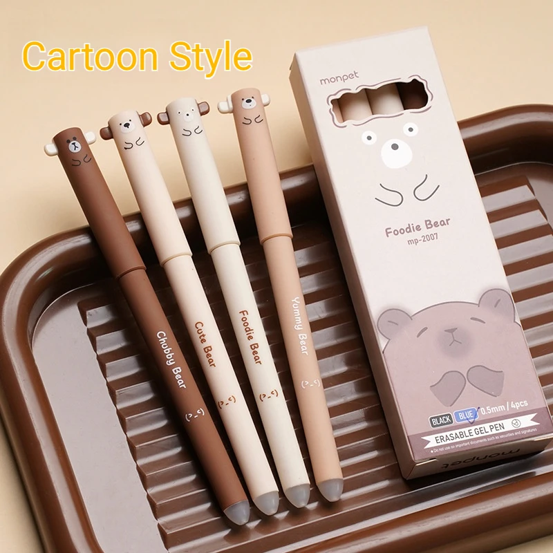 Pack of 4/8 Pieces with Random Colors, Food Bear Element Pattern Gel Pens with Black Erasable Ink, Food Bear Series Erasable Pens, Quick-Drying Heat Erasable Black Pens, Student Stationery, Office Supplies