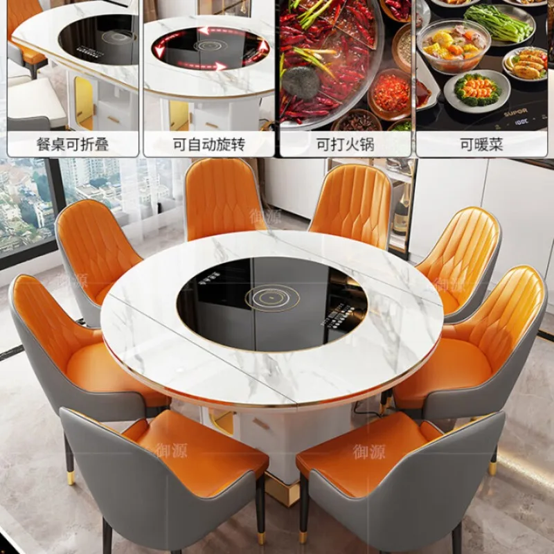 Multifunctional rock slab round dining table and chairs retractable