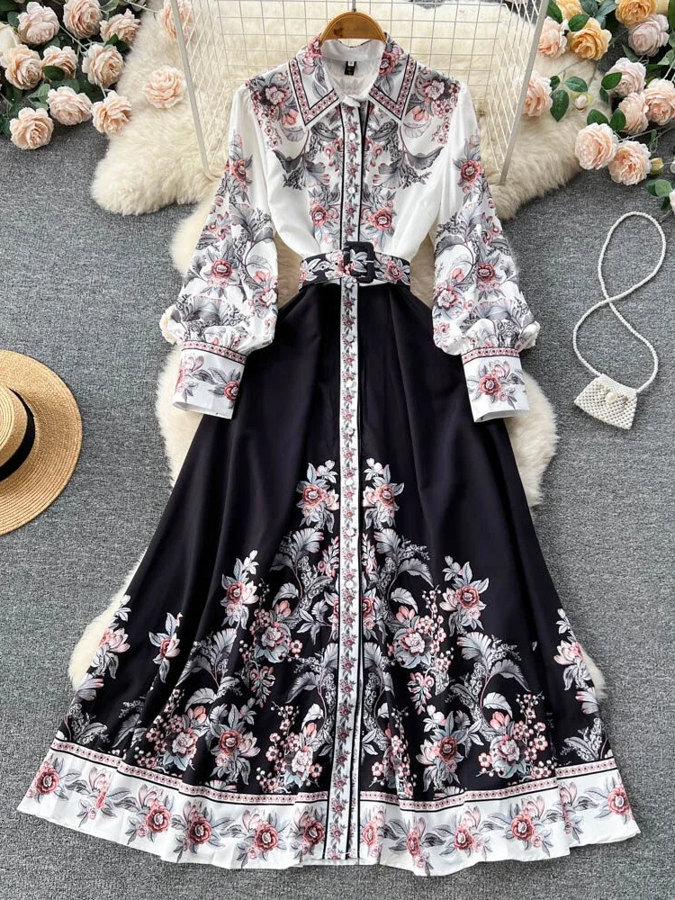 Women Vintage Printed Party Dress High Waist Breasted Dress Long Sleeved Elegant Dresses Slim A-line Shirt Dress Vestidos