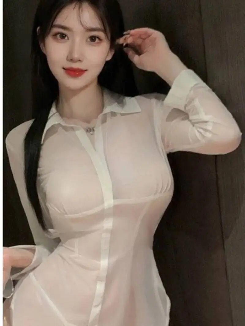 Sexy turn-down colarinho bonito volta profunda v gravata divisão ol secretário camisa vestido curto elegante malha renda pura camisas finas 8rwl