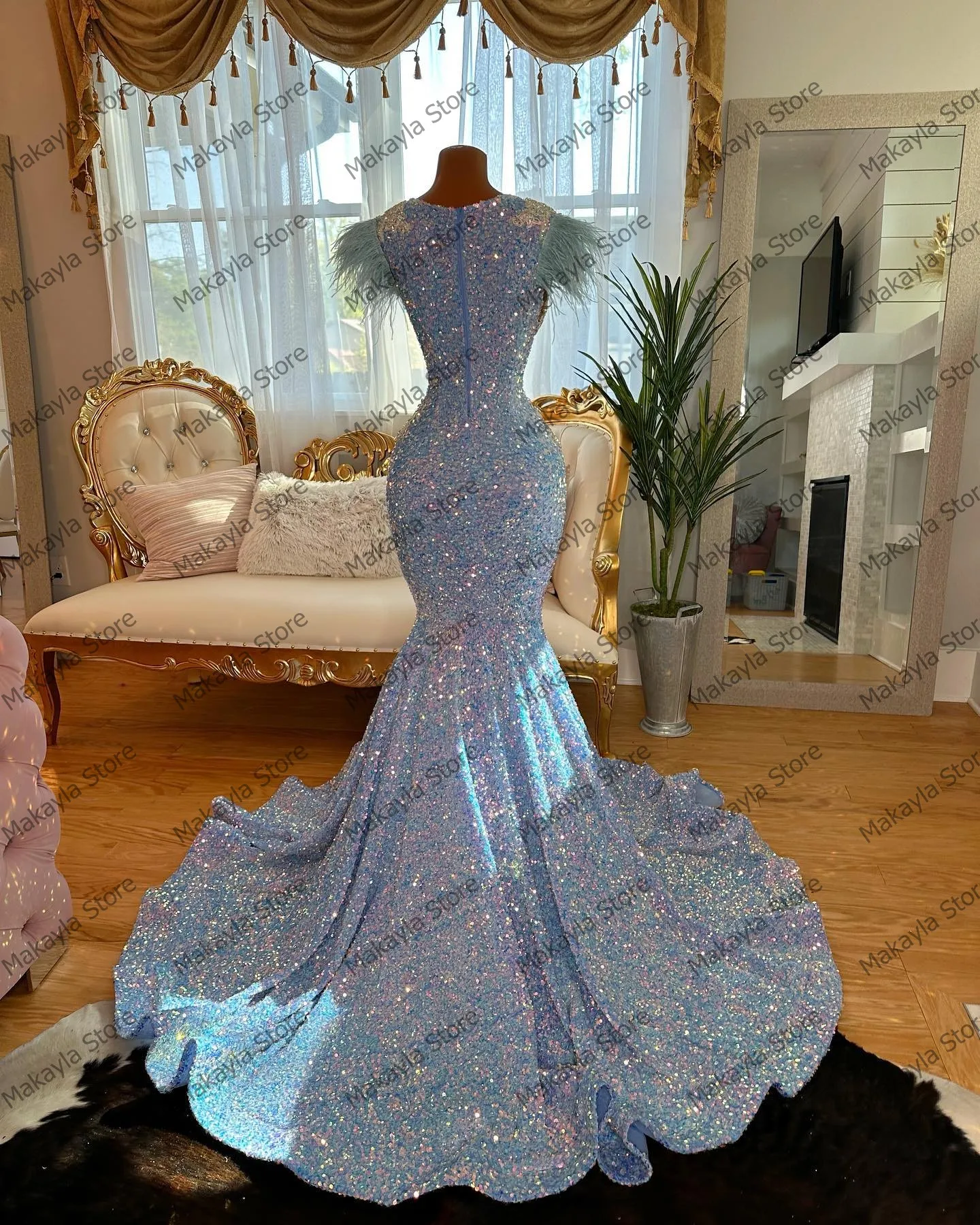 Sexy Beaded Sequins Lace Evening Dress Luxury Feathers Appliques Mermaid  Celebrity Dresses Aso Ebi Africa Prom Party Gowns