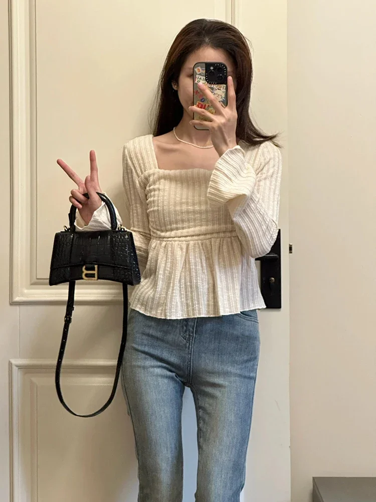 Long-sleeve T-shirts Women Square Neck Slim Basic Short Flare-sleeves Elegant Leisure Hot Sweet Girls Korean-style All-match