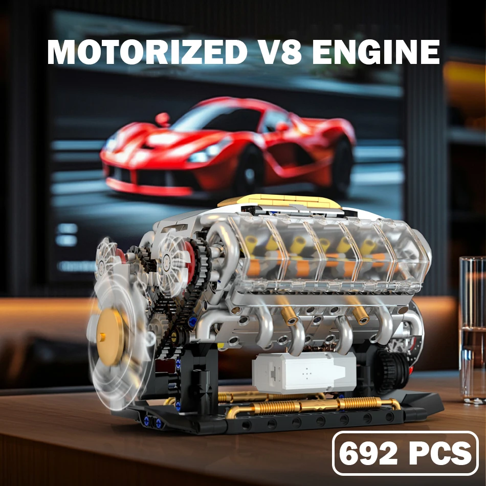692 個 MOC テクニカル電動 V8 エンジンモデルビルディングブロック車電動エンジンスーパーカーレンガのおもちゃ子供のギフト