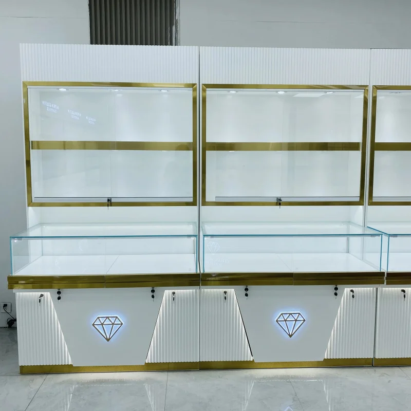 

Customize.Luxury White Gold Jewelry Display Glass Showcase with LED Lighting Lockable Cabinets Jewelry Store Boutique