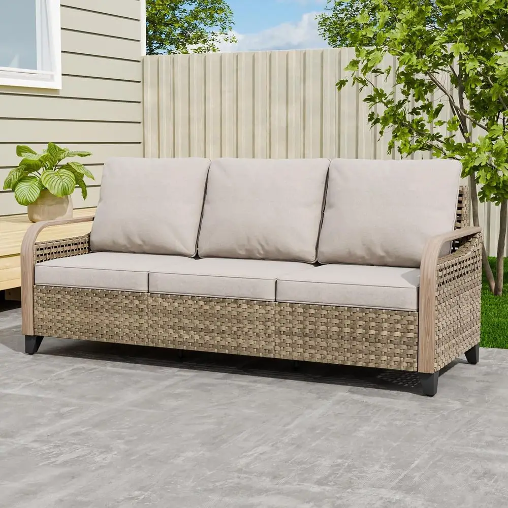 

3-Seat Rattan Patio Loveseat, Brown/Gray, for Outdoor Deck, Porch, or Balcony