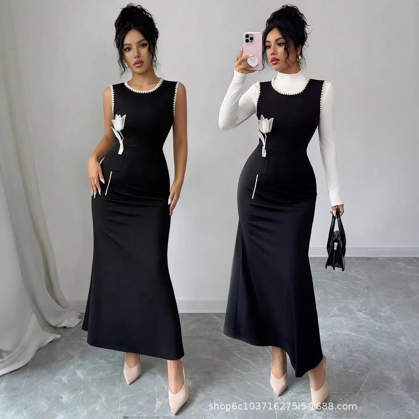 

Women's Clothing 2026 Spring And Autumn New Two-piece Set With Three-dimensional Floral Little Black Dress, High-end Elegant