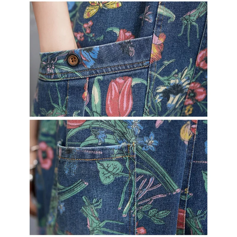 Casual Streetwear พิมพ์ดอกไม้ DENIM Jumpsuit ผู้หญิงหลวม Baggy กางเกงขากว้าง Rompers ขนาดใหญ่กระเป๋าสายรัดกางเกงยีนส์ Overalls