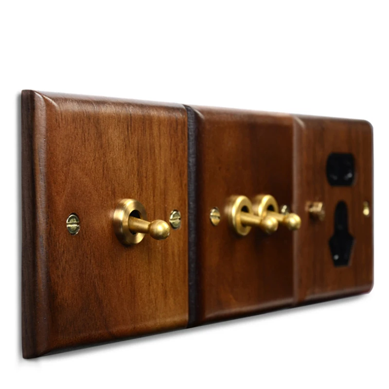 Massivholzplatte UK EU Wandsteckdose mit USB-Ladeanschluss, 1-4-fach Messing-Kippschalter, Aufputzmontage, Bestseller