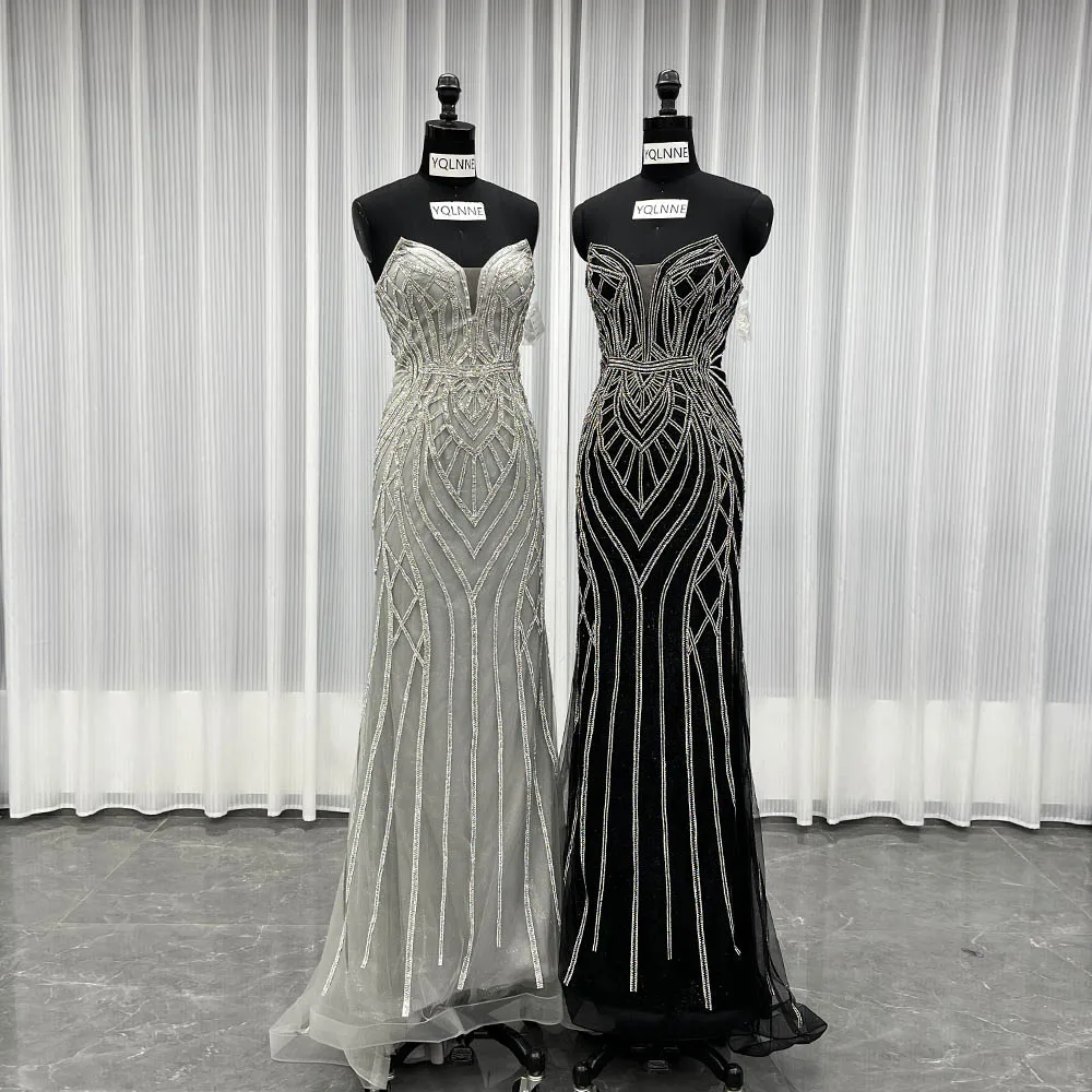

YQLNNE 0130 Вечерние платья с черными кристаллами без бретелек Вечернее женское свадебное платье на шнуровке