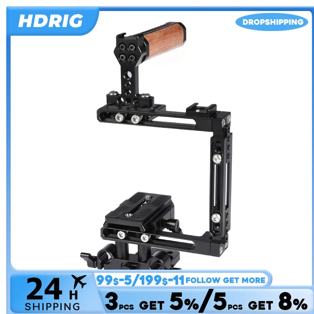HDRIG-Kit de jaula de media cámara tipo extensión, con placa QRPlate Manfrotto, Base de bloque de rieles de 15mm, mango superior de madera para Canon 5D Mark II Sony
