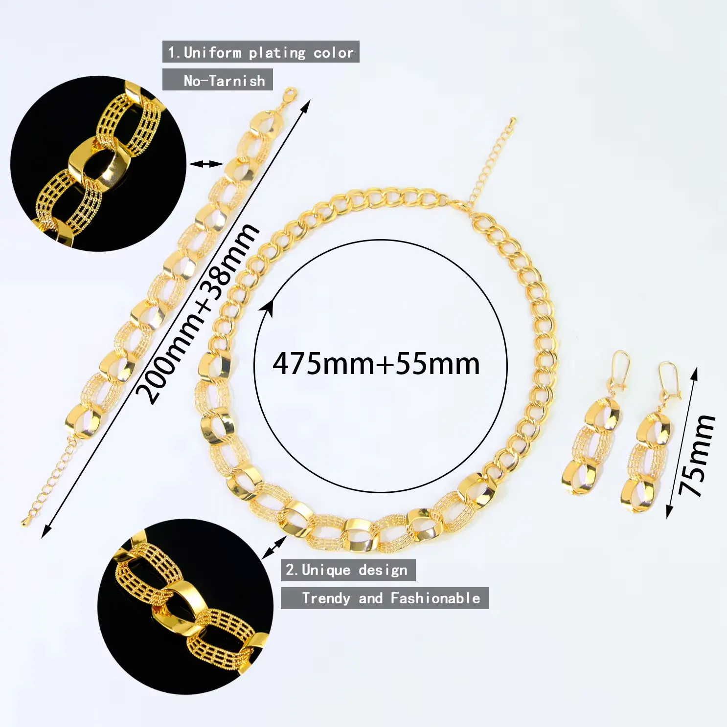 Arabisches Mode-Schmuckset, 21k vergoldet, italienischer Hip-Hop-Hohlschmuck, Halskette, Armband, Ohrringe, Habesha Damen Vintage Party-Schmuck – Detail 2