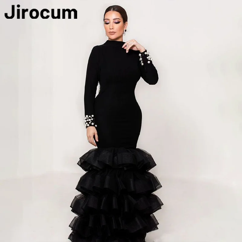 Jirocum Dubai High Neck Prom Dress Women's Pearl Long Sleeve Party Evening Gown Backless Tiered Mermaid Formal Occasion Dresses