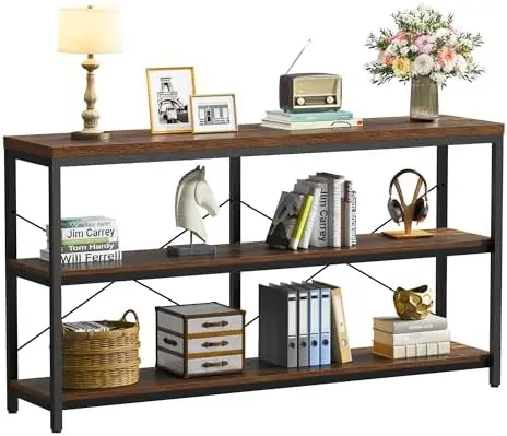 3-Tier Industrial Bookshelf, Wide Wood Horizontal Bookcase, Open Large Book Shelf with Metal Frame, Display Rack