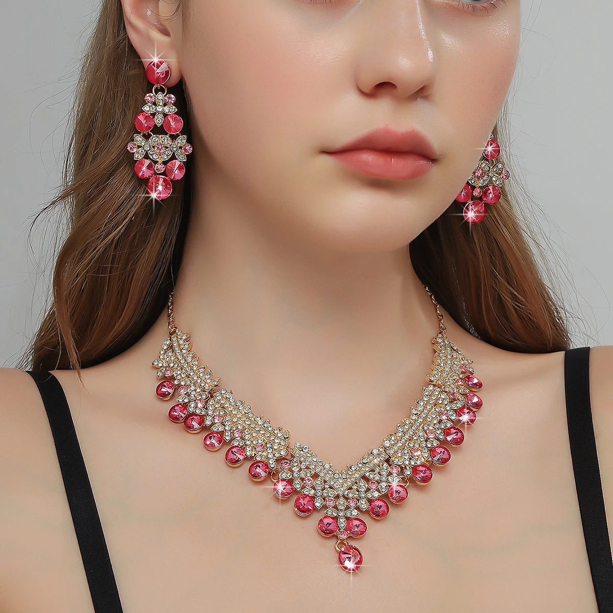 French court classical dazzling luxury exquisite necklace, earring jewelry set, wedding dress accessories for women view 2