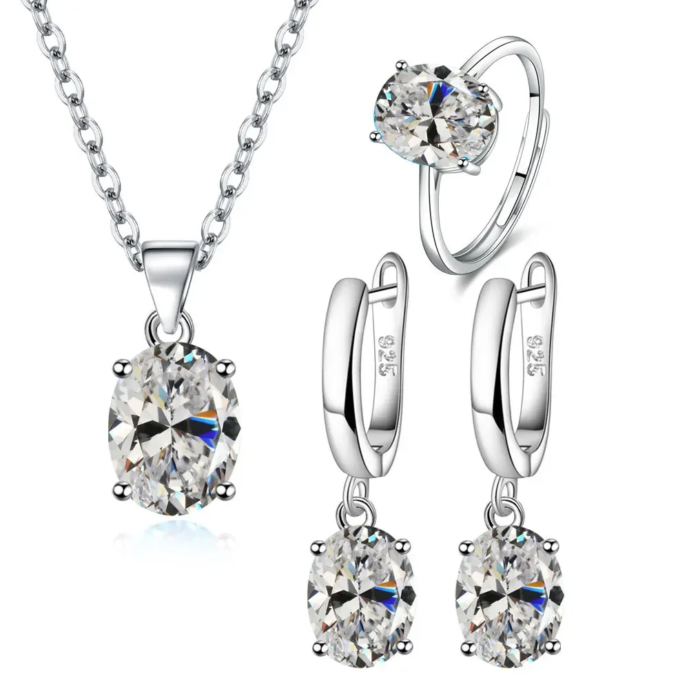 925 Sterling Silver Elegant Women's Jewelry Set Oval Zircon Ring Necklace Earring Set Birthday Party Anniversary Wedding Gift