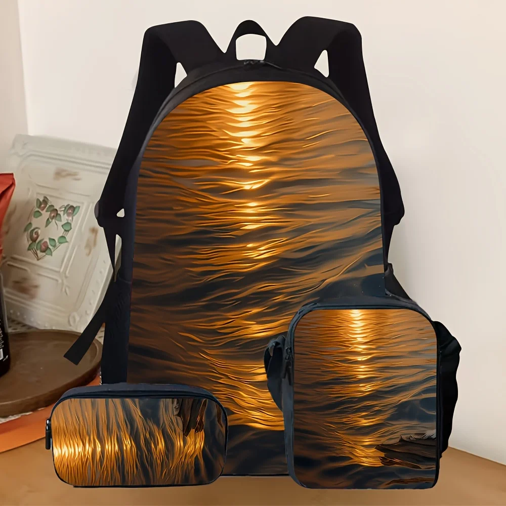 

3pcs [2D Flat] Backpack Collection Featuring a Chic Golden Wave Design, Complete with a Coordinating Pouch And Pencil Holder, Id